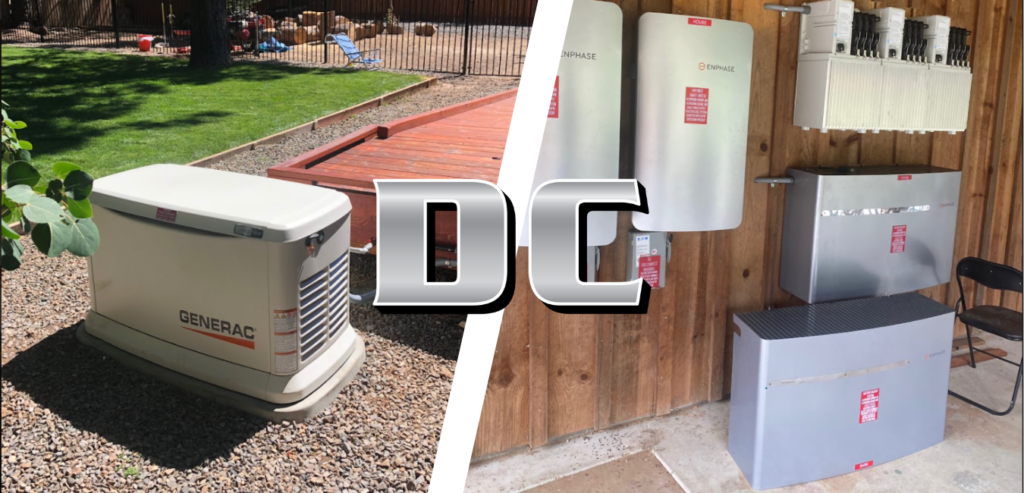 A split image showcasing a whole house generator and a solar battery backup system with the DC Solar Electric logo in the center.