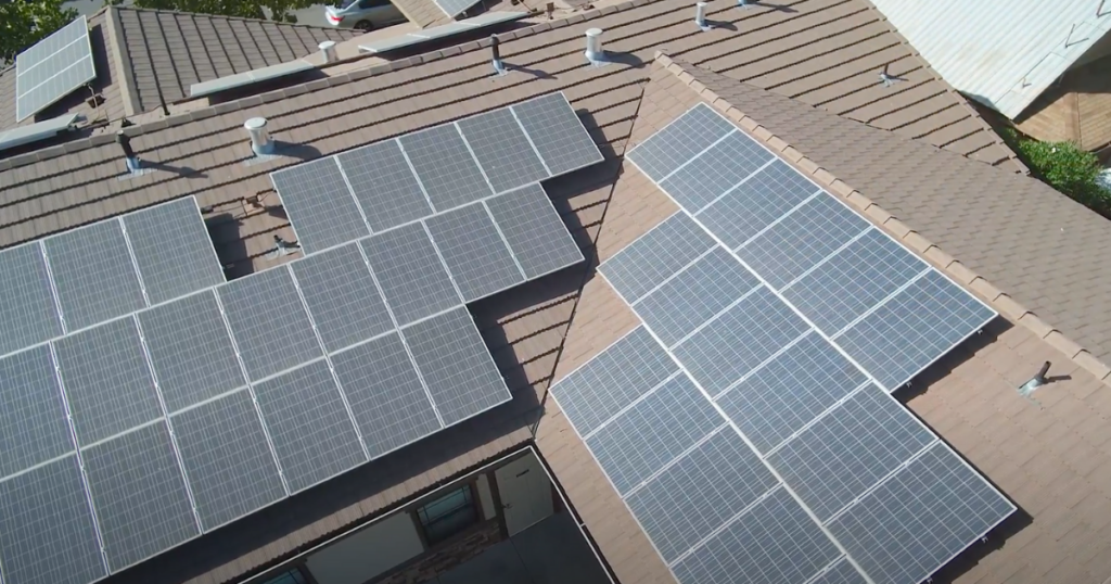 birds eye view of solar panels on a home