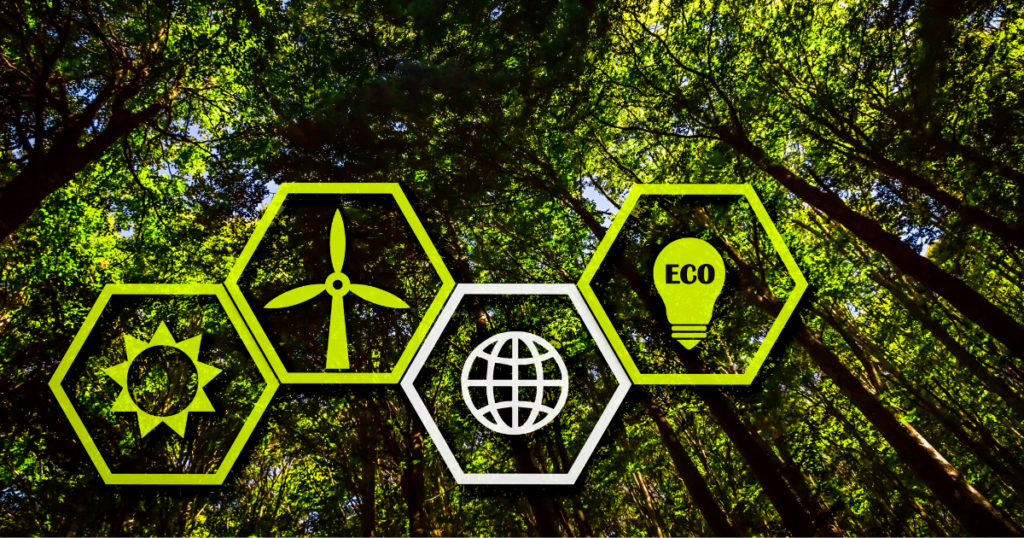Tall trees with symbols representing different green energy solutions