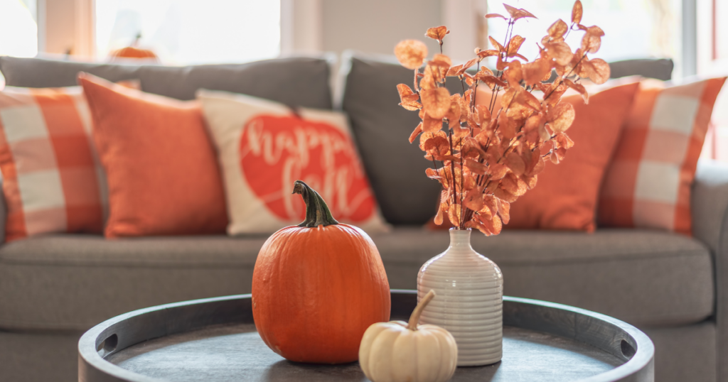 Home decorated for fall with pumpkins