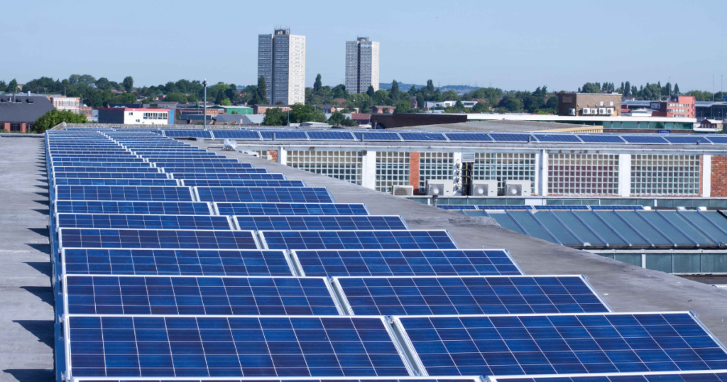 Rooftop commercial solar panel system generating clean energy and reducing utility costs.